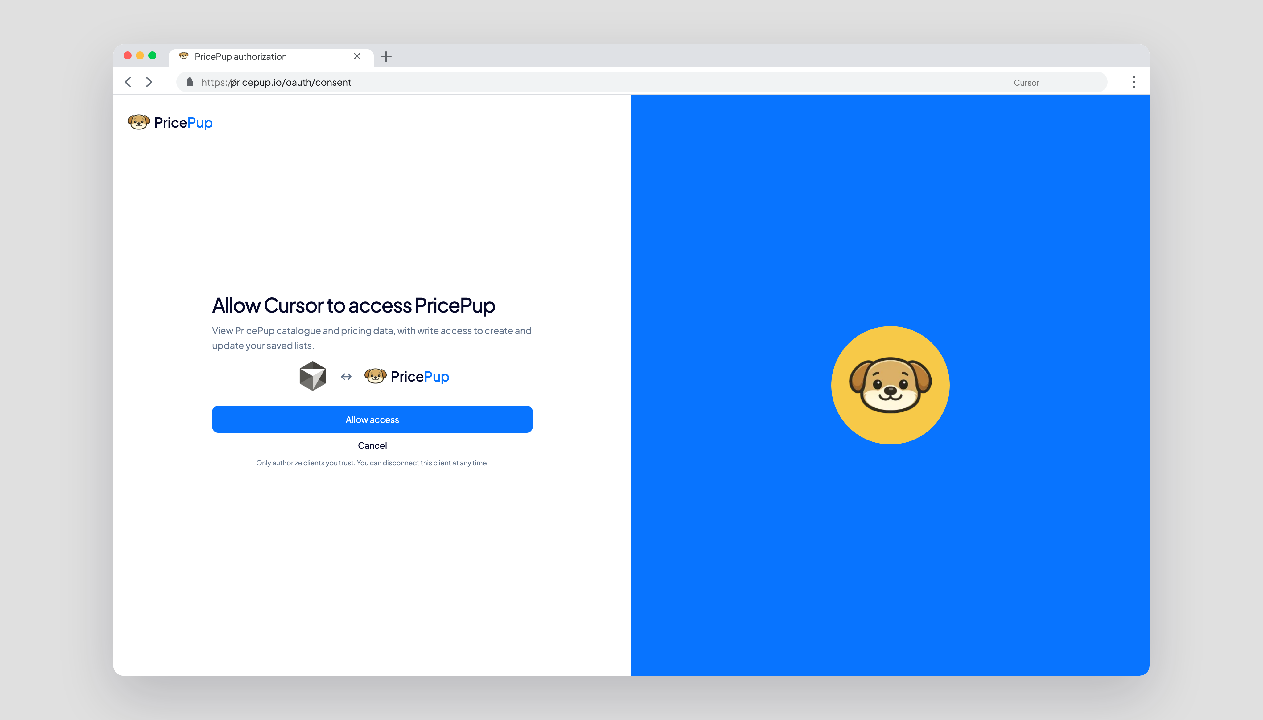 PricePup authorization page opened by Cursor in a browser